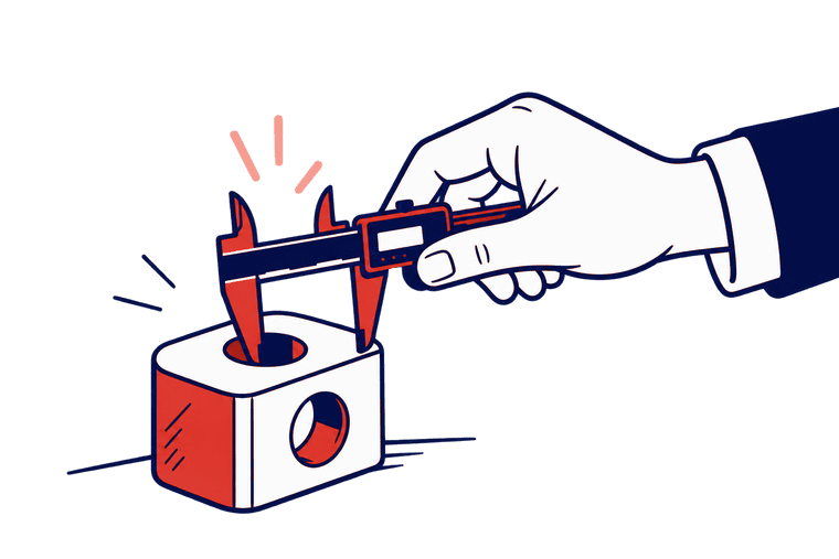 Ilustracja: dłoń mierząca element suwmiarką - precyzja i jakość